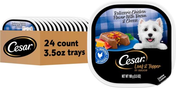 Cesar Wet Dog Food Loaf & Topper in Sauce Rotisserie Chicken Flavor with Bacon & Cheese, 3.5 oz. Easy Peel Trays (24 Count, Pack of 1) Canned Wet Pet Food Pet Supplies: Rufus AIRufus AI