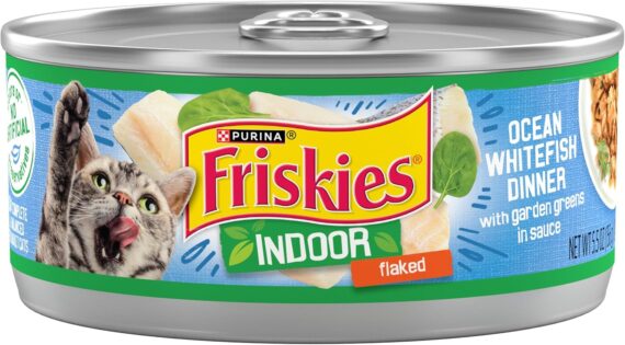 Purina Friskies Indoor Cat Food Flaked Ocean Whitefish Dinner With Garden Greens in Sauce - (Pack of 24) 5.5 oz. Cans  Canned Wet Pet Food : Pet Supplies