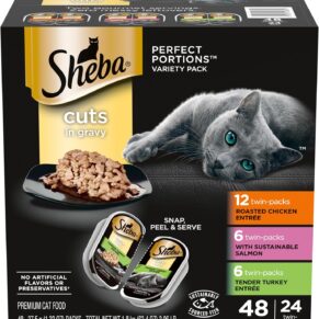 Sheba Perfect Portions Wet Cat Food Cuts in Gravy Variety Pack, Roasted Chicken Entree, With Sustainable Salmon, and Tender Turkey Entree, 2.6 oz. Twin-Pack Trays (24 Count, 48 Servings)Rufus AIRufus AI