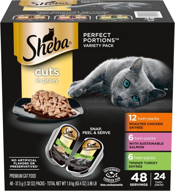 Sheba Perfect Portions Wet Cat Food Cuts in Gravy Variety Pack, Roasted Chicken Entree, With Sustainable Salmon, and Tender Turkey Entree, 2.6 oz. Twin-Pack Trays (24 Count, 48 Servings)Rufus AIRufus AI