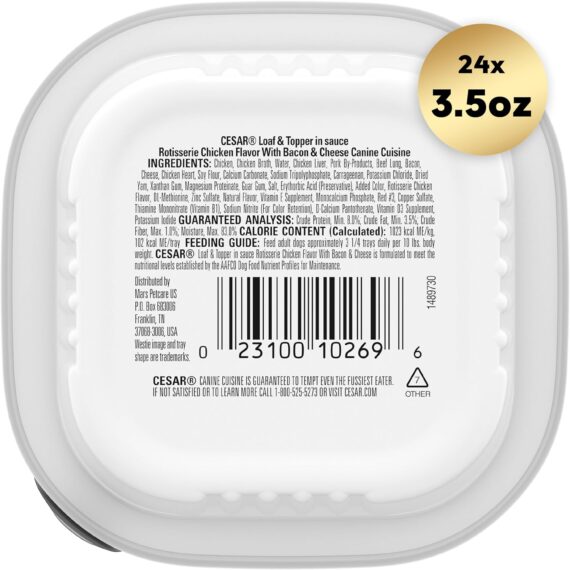 Cesar Wet Dog Food Loaf & Topper in Sauce Rotisserie Chicken Flavor with Bacon & Cheese, 3.5 oz. Easy Peel Trays (24 Count, Pack of 1) Canned Wet Pet Food Pet Supplies: Rufus AIRufus AI - Image 2
